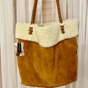 Brown and Cream Faux Shearling Shoulder Tote Bag